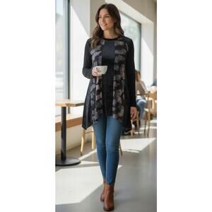 NWOT LOGO by Lori Goldstein Size L Pieced Velvet Tie-Dye Tunic Top Black A568363